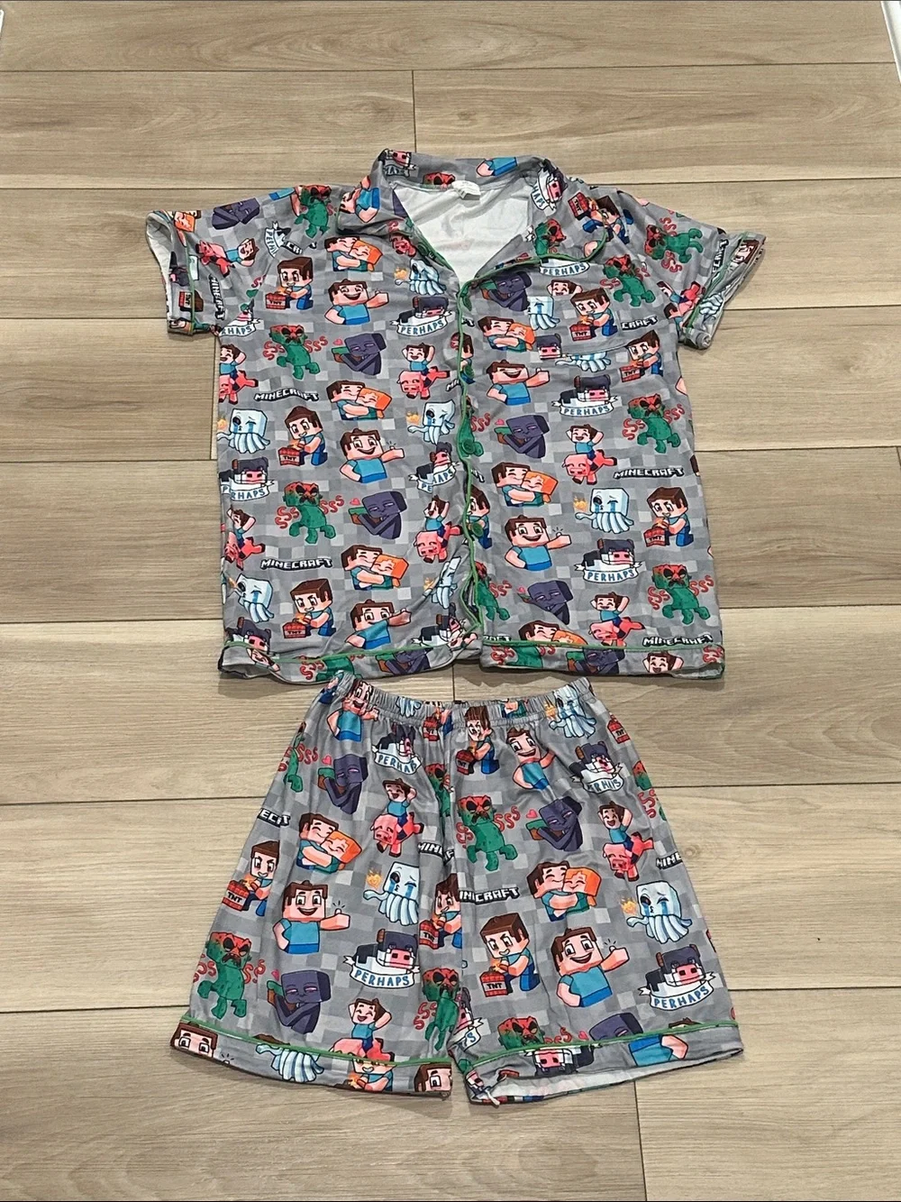 EUC Kids Short Pajama Set - Gray Minecraft-Inspired Print Size 6xl 14 16